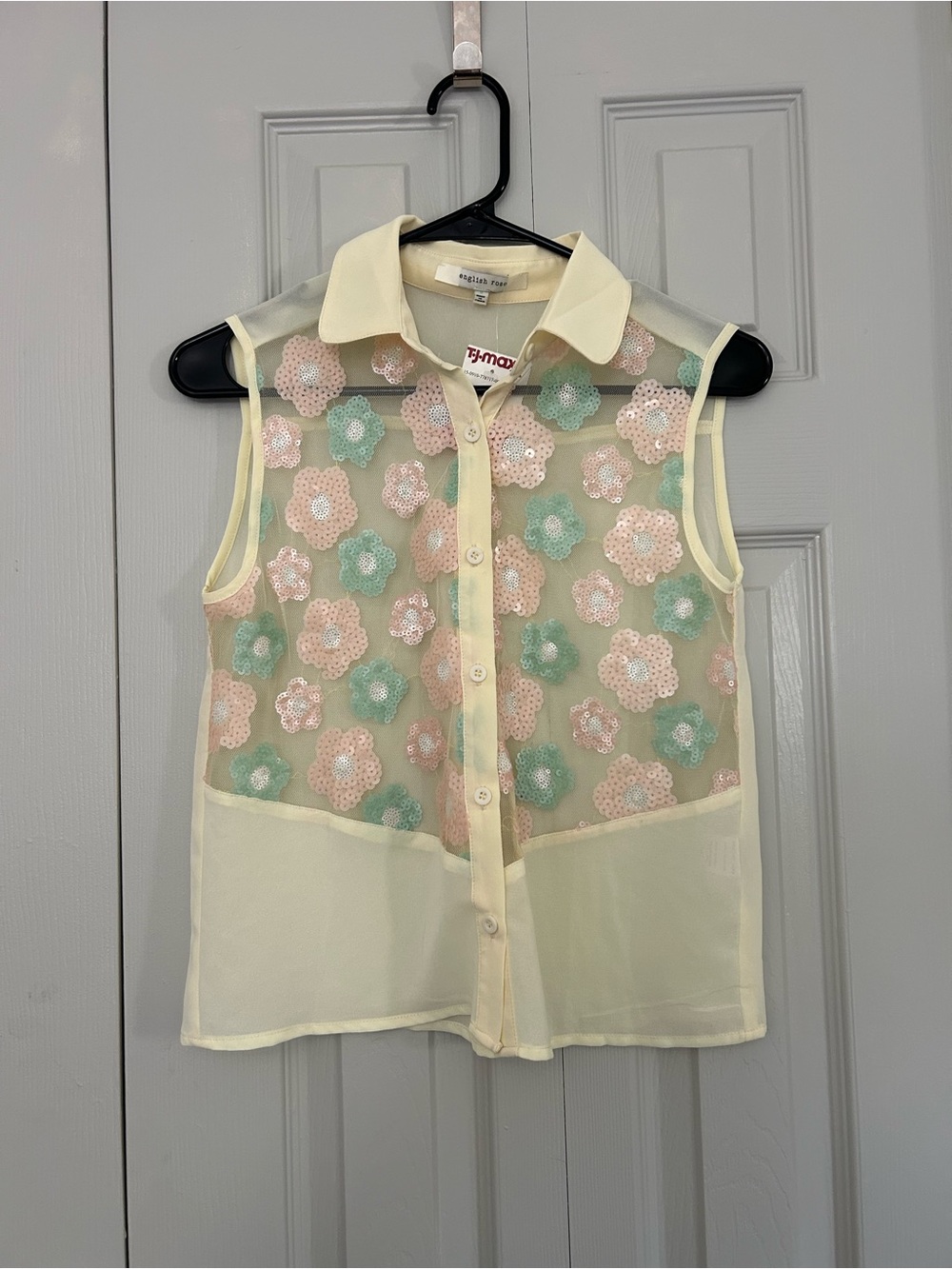T.J.Maxx Cream Sheer Blouse with Pastel Sequin Floral Accents